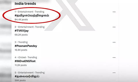 இந்திய அளவில் எக்ஸ் தள ட்ரெண்டிங்கில் தமிழக வெற்றி கழகம்