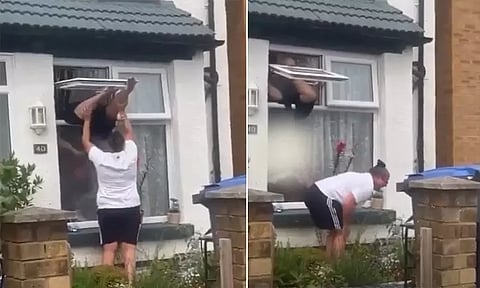 சாவி மிஸ்சிங்.. ஜன்னல் வழியாக ஏறியபோது தலைகீழாக தொங்கிய பெண்: வைரலாகும் வீடியோ