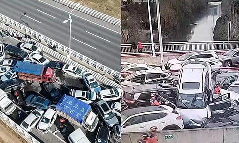 சீனாவை மிரட்டும் வானிலை.. பனி படர்ந்த எக்ஸ்பிரஸ் சாலையில் 100-க்கும் மேற்பட்ட கார்கள் மோதி விபத்து