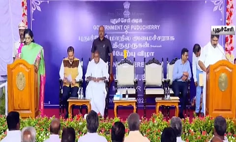 புதுச்சேரி அமைச்சராக பதவி ஏற்றார் என்.ஆர்.காங்கிரஸ் எம்.எல்.ஏ. திருமுருகன்