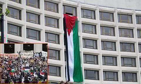 பாலஸ்தீன கொடியை தொங்கவிட்ட போராட்டக்குழுவினர்... பைடன் பங்கேற்ற நிகழ்ச்சியில் பரபரப்பு