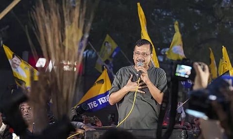 Delhi Chief Minister Arvind Kejriwal addresses supporters after coming out of Tihar Jail