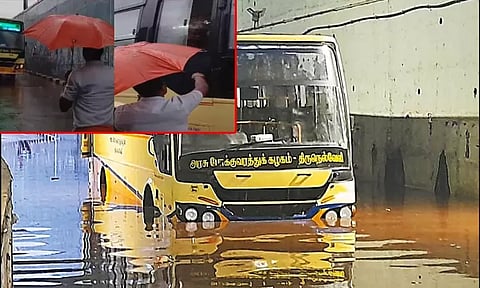 நெல்லை அருகே மழைநீரில் சிக்கிய அரசு பஸ்