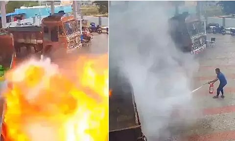 லாரியின் டீசல் டேங்க் வெடித்து விபத்து: துணிவுடன் செயல்பட்ட பங்க் ஊழியர் - வீடியோ வைரல்