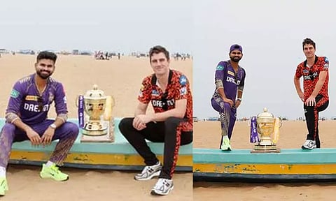 சென்னை மெரினா கடற்கரையில் ஐபிஎல் கோப்பையுடன் இரு அணிகளின் கேப்டன்கள்..