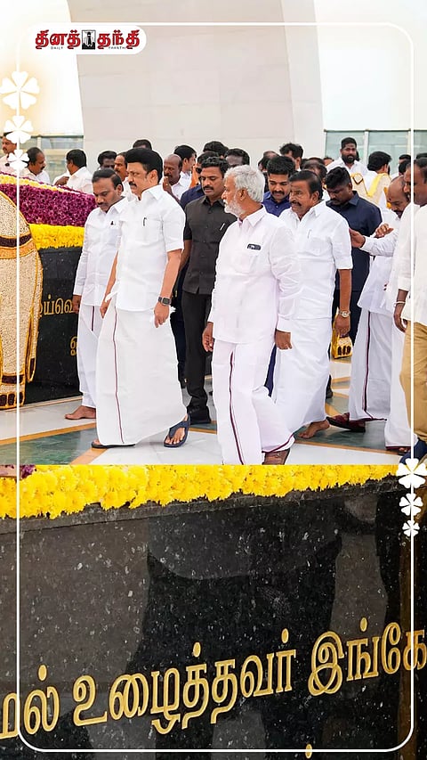 மறைந்த தி.மு.க. தலைவர் கருணாநிதிக்கு 101-வது பிறந்தநாளில் முதல்-அமைச்சர் மு.க.ஸ்டாலின் மரியாதை செலுத்தினார்.