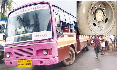 ஓடும் பஸ்சில் தானாக கழன்ற சக்கரம்.. டிரைவரின் சாமர்த்தியத்தால் பெரும் விபத்து தவிர்ப்பு