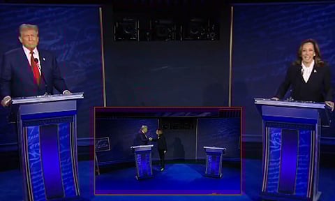 அமெரிக்க ஜனாதிபதி தேர்தல்; மேடையில் கைகுலுக்கி விவாத நிகழ்ச்சியை தொடங்கிய டிரம்ப்-கமலா ஹாரிஸ்