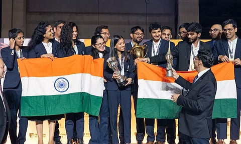 செஸ் ஒலிம்பியாட்; மெஸ்ஸி, ரோகித் சர்மா பாணியில் வெற்றியை கொண்டாடிய இந்திய அணியினர்