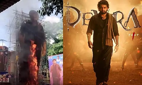 தேவரா படம் வெளியீடு; நடிகர் ஜூனியர் என்.டி.ஆரின் கட்-அவுட் தீப்பிடித்ததால் பரபரப்பு