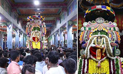 குலசை தசரா: மயில் வாகனத்தில் பாலசுப்பிரமணியர் திருக்கோலத்தில் முத்தாரம்மன் வீதி உலா