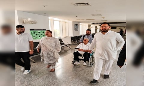 Former Bihar CM Lalu Prasad Yadav, Tejashwi Yadav, Tej Pratap Yadav, Misa Bharti arrive to appear at the Rouse Avenue Court in connection with the job for land money laundering case, in New Delhi