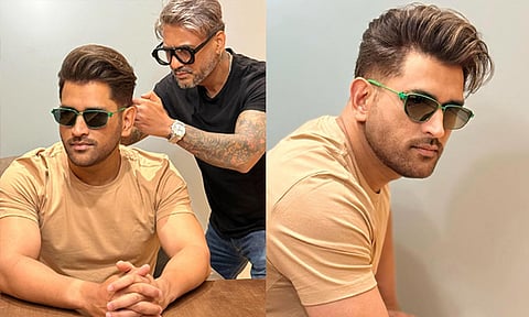 இதுவரை பார்க்காத தோற்றம்; புது ஹேர்ஸ்டைலில் தோனி... வைரலாகும் புகைப்படங்கள்