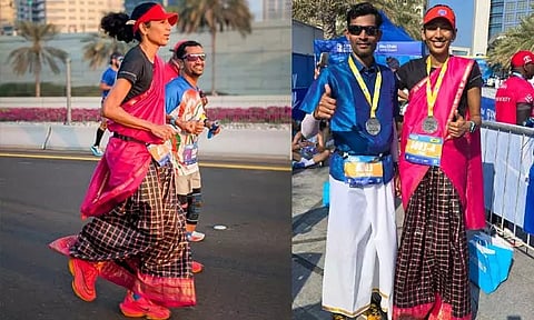 அபுதாபியில் மாரத்தான் தொடர் ஓட்டம்: பாரம்பரிய உடையில் ஓடி தமிழக தம்பதியினர் சாதனை