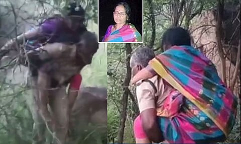 தீபமலை மீது சிக்கி தவித்த ஆந்திர பெண்ணை மீட்டு முதுகில் சுமந்து வந்த வனக்காப்பாளர்