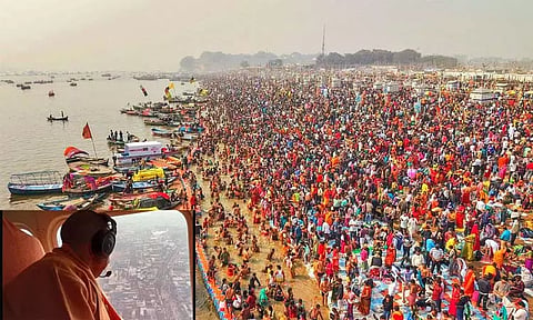 மகா கும்பமேளா: ஹெலிகாப்டரில் சென்று ஆய்வு மேற்கொண்ட உ.பி. முதல்-மந்திரி யோகி ஆதித்யநாத்