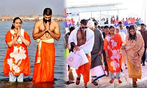 Vijay Deverakonda takes holy dip at Mahakumbh along with his mother