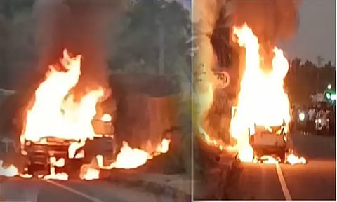 திடீரென தீப்பற்றிய கார்... நொடிப்பொழுதில் தப்பிய ஐயப்ப பக்தர்கள்