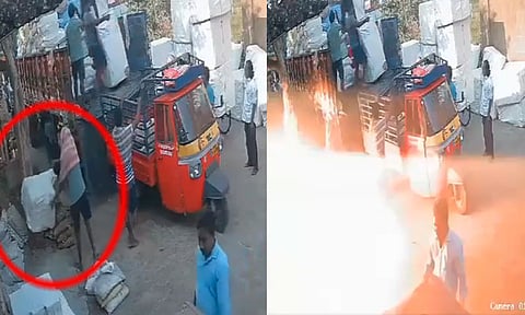 பட்டாசு பார்சலை இறக்கியபோது பயங்கர வெடி விபத்து - 5 தொழிலாளர்கள் படுகாயம்