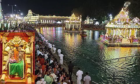 திருமலை தெப்போற்சவம்.. அலங்கரிக்கப்பட்ட தெப்பத்தில் எழுந்தருளிய பகவான் கிருஷ்ணர்