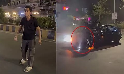 மதுபோதையில் காரை ஓட்டிய சட்டக்கல்லூரி மாணவன்: பைக் மீது மோதி பெண் பலி - அதிர்ச்சி வீடியோ