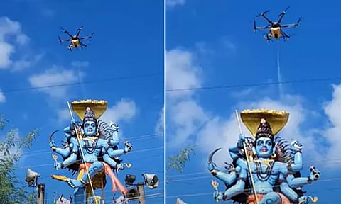 காஞ்சிபுரம்: 21 அடி உயர சிவபெருமான் சிலைக்கு டிரோன் மூலம் பாலாபிஷேகம்