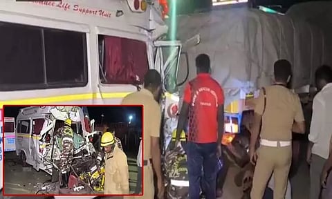பல்லடம் அருகே லாரி மீது ஆம்புலன்ஸ் மோதி பயங்கர விபத்து - இருவர் உயிரிழப்பு