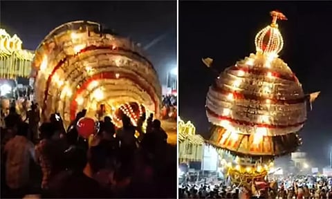 திடீரென சாய்ந்து விழுந்த கோவில் தேர்: பக்தர்கள் அதிர்ச்சி