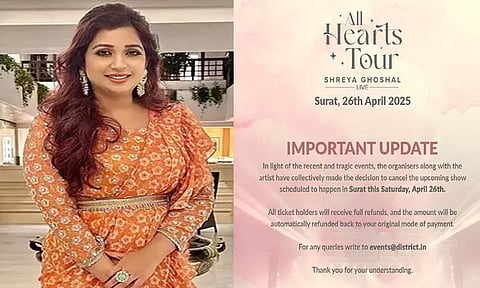 பஹல்காம் தாக்குதல் எதிரொலி: இசை நிகழ்ச்சியை ரத்துசெய்த ஸ்ரேயா கோஷல்