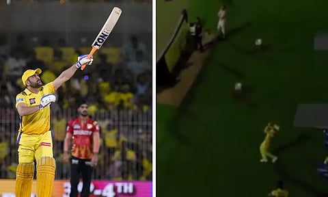 ஒற்றை கையால் சிக்சர் அடித்த தோனி.. கேட்ச் பிடித்த ஜடேஜா.. வீடியோ வைரல்