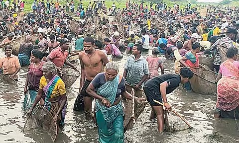 முசிறி அருகே ஏரியில் மீன்பிடி திருவிழா - கிராம மக்கள் குவிந்தனர்