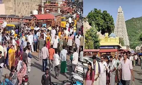 விடுமுறை நாளையொட்டி திருவண்ணாமலையில் குவிந்த பக்தர்கள் கூட்டம் - கடும் போக்குவரத்து நெரிசல்