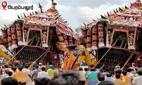 அமைச்சர் இழுக்கும்போது தேர் சாய்ந்து விபத்து; பக்தர்கள் அதிர்ச்சி