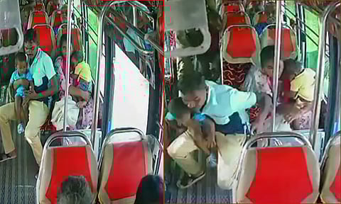 திடீர் பிரேக்... பஸ்சில் இருந்து வெளியே விழுந்த குழந்தை - அதிர்ச்சி வீடியோ