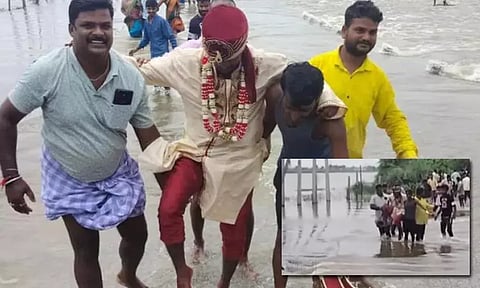 கனமழையால் வெள்ளம்.. மணமகனை தண்ணீரில் தூக்கிச்சென்ற உறவினர்கள் - வீடியோ வைரல்