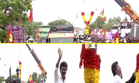 விஜய்க்கு கிரேன் மூலம் பிரம்மாண்ட மாலை; 4 பேர் மீது போலீசார் வழக்குப்பதிவு