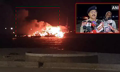 குஜராத்: துறைமுகத்தில் காலையில் திடீரென தீப்பிடித்து எரிந்த சரக்கு கப்பல்