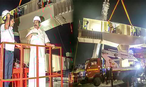 தேனாம்பேட்டை - சைதாப்பேட்டை மேம்பாலத்தில் பொருத்தப்பட்ட இரும்பு உத்திரங்கள்: அமைச்சர் எ.வ.வேலு ஆய்வு