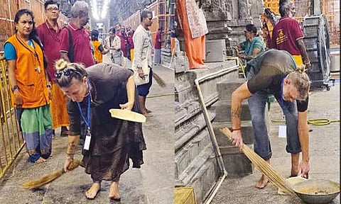 திருவண்ணாமலை அருணாசலேஸ்வரர் கோவிலில் உழவாரப்பணியில் ஈடுபட்ட வெளிநாட்டினர்