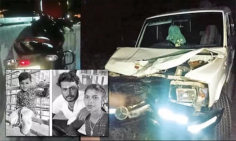 போலீஸ் வாகனம் மோதி குழந்தையுடன் பெற்றோர் பலியான சோகம் - சாலை மறியலில் ஈடுபட்ட மக்கள்