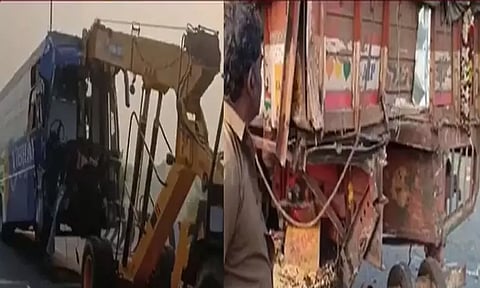 திருப்பூர்: பக்தர்கள் சென்ற பஸ் லாரி மீது மோதி விபத்து - 10 பேர் காயம்