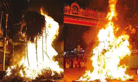 நெல்லையப்பர் கோவில், சங்கரன்கோவிலில் சொக்கப்பனை கொளுத்தப்பட்டதை படத்தில் காணலாம்.