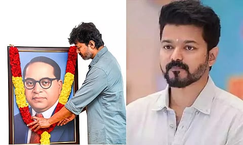 அம்பேத்கர் திருவுருவப் படத்திற்கு தவெக தலைவர் விஜய் மலர்தூவி மரியாதை
