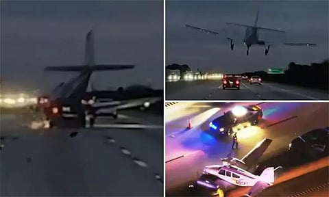 சாலையில் தரையிறங்கிய சிறிய ரக விமானம்: கார் மீது மோதி விபத்து