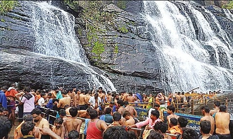 குற்றாலத்தில் அலைமோதும் அய்யப்ப பக்தர்கள் கூட்டம்: அருவிகளில் உற்சாக குளியல்