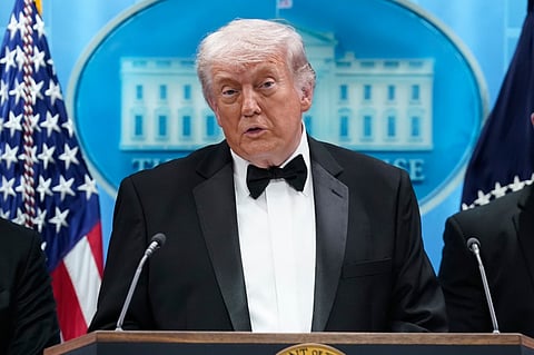President Donald Trump speaks at the White House after an unspecified threat at the annual White House Correspondents' Association Dinner in Washington, Saturday, April 25, 2026. 