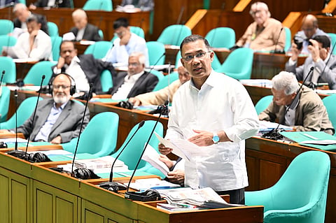 Prime Minister Tarique Rahman speaks in Jatiya Sangsad on Wednesday. PMO photo