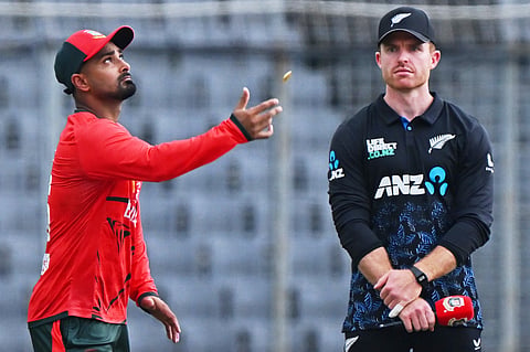 Bangladesh's captain Litton Das, left, tosses the coin before the third T20 international cricket match between Bangladesh and New Zealand in Mirpur, AP Photo