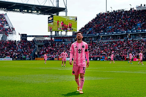 Inter Miami’s Lionel Messi walks to take a corner during the second half of the MLS match against Toronto FC, in Toronto on Saturday. AP Photo