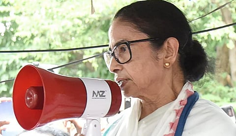 Trinamool Congress chief Mamata Banerjee speaking at a protest in central Kolkata on June 2, 2026.